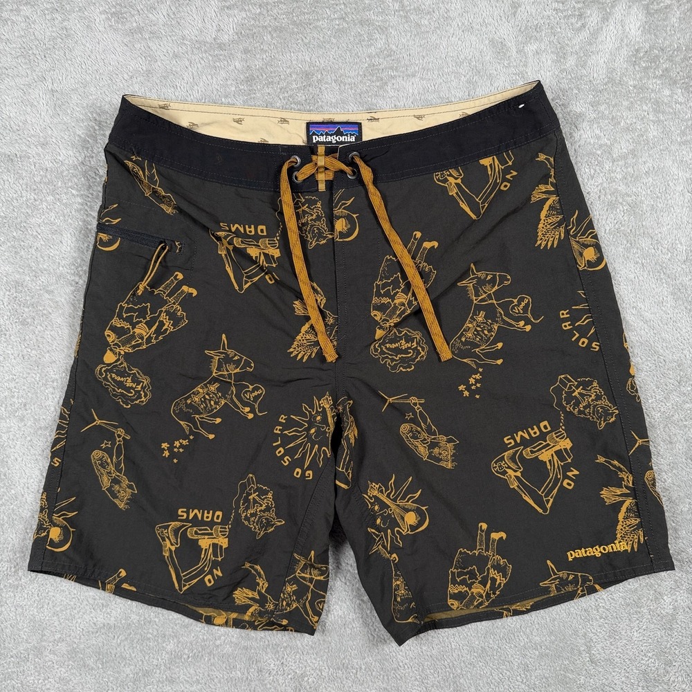 Patagonia Mens 32 No Dams Wavefarer Board Shorts Black Nylon Swim Trunks 86622